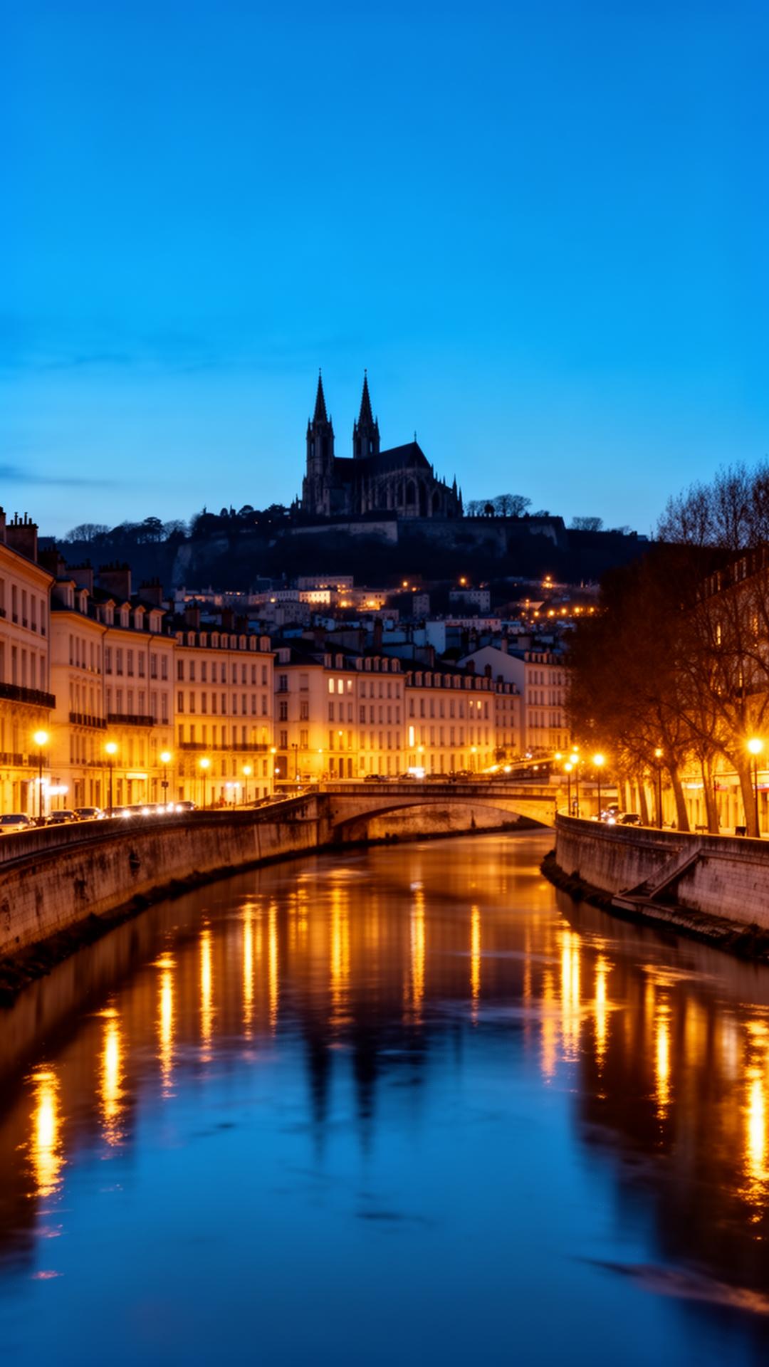 Lyon, capitale économique régionale, vue depuis les quais de Saône au crépuscule